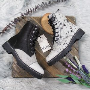 MYRA Black White Cowhide Fervence Boots Western Combat Lace-Up Hairon Leather 8